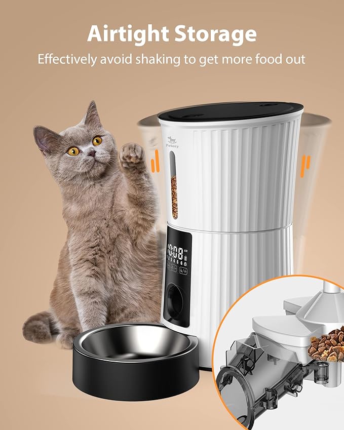 Petory Timed Automatic Cat Feeders - 4L Programable Dry Food Dispenser for Cats and Small Medium Dogs 6 Meals with Desiccant Bag Dual Power Supply 10S Voice Recorder - PAWPICO