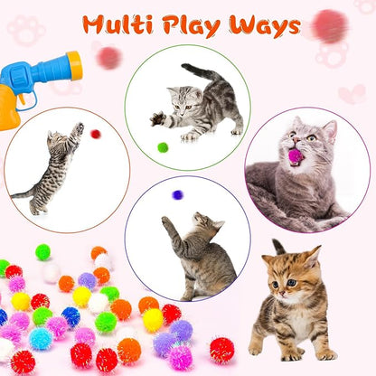 BooTaa Pet Toys, Interactive Cat Toy Set, 80pcs Glitter Pom-Poms Cat Ball Toy with 1 Launcher, Safe Soft Cat Toy Balls for Fetch, Training, Playing - PAWPICO