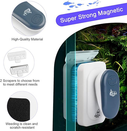 AQQA Aquarium Strong Magnetic Cleaner Brush, Fish Tank Glass Algae Magnet Cleaning Tool Floating Cleaner Scrubber Brush with 2 Detachable Scraper (Blue,L) AQQA