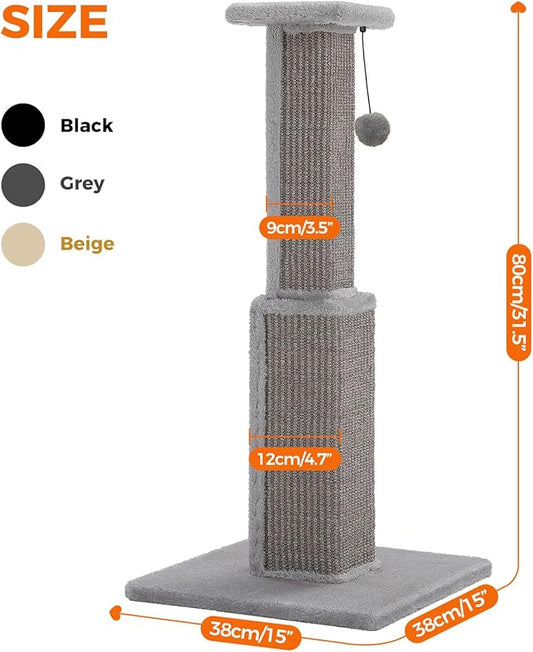 PAWZ Road 32 Inches Cat Ultimate Scratching Post, Durable Sisal Tower with a Cute Ball for Large Indoor Cats-Grey - PAWPICO