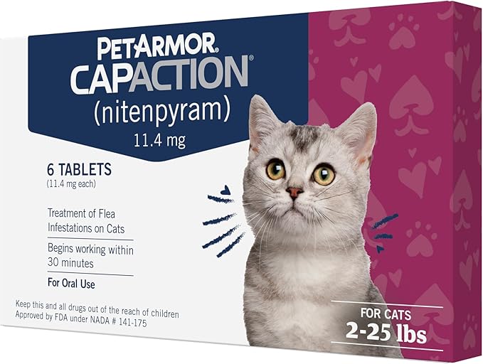 PetArmor CAPACTION (nitenpyram) Oral Flea Treatment for Cats, Fast Acting Tablets Start Killing Fleas in 30 Minutes, Cats 2-25 lbs, 6 Doses PetArmor