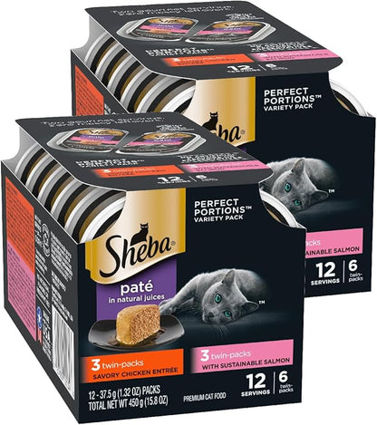 Sheba Perfect Portions Wet Cat Food Pate Savory Chicken Entree and With Sustainable Salmon Variety Pack, 2.6 oz., Twin-Pack Trays (6 Count, 12 Servings) (Pack of 2) - PAWPICO
