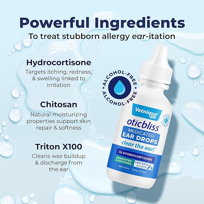 Vetnique Oticbliss Medicated Cat & Dog Ear Cleaner Drops - Dog Ear Infection Treatment with 1% Hydrocortisone to Soothe Itching, Redness, & Swelling - Vet Recommended VetniqueLabs