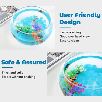 1 Gallon Glass Fish Bowl with Decor, Include Fluorescent Rocks & Colorful Plastic Trees, High White Glass for Clear View, Small Fish Bowl/Aquarium for Betta/Goldfish, Nice Home Décor LAQUAL