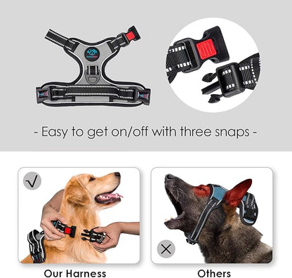 PHOEPET No Pull Dog Harness Medium Reflective Front Clip Vest with Handle,Adjustable 2 Metal Rings 3 Buckles,[Easy to Put on & Take Off](L, Grey) PHOEPET