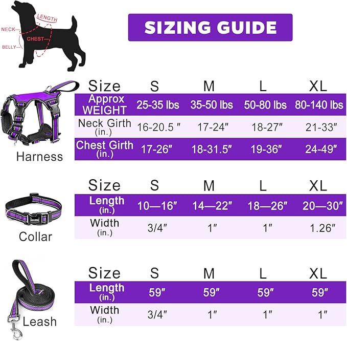 WINSEE Pet Harness Collar and Leash Set, All-in-one Reflective Dog Harness No Pull with Adjustable Buckles for Puppies, Small, Medium, Large, and Extra-Large Dogs (Large, Purple) WINSEE