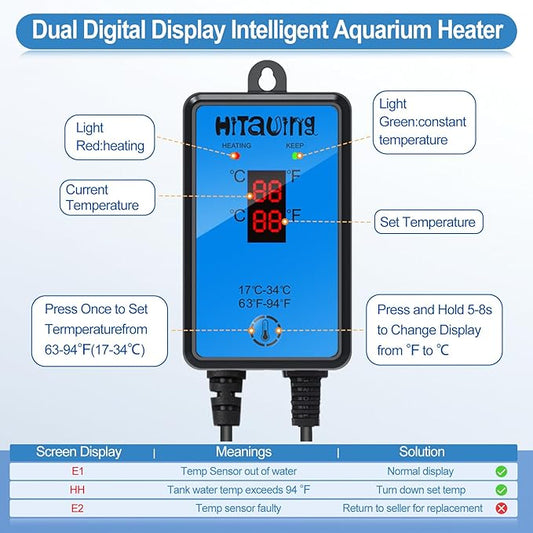 HiTauing Aquarium Heater, Upgraded 300W/500W Fish Tank Heater with Intelligent Leaving Water Automatically Stop Heating and Advanced Temperature Control System, Suitable for Saltwater and Freshwater HiTauing