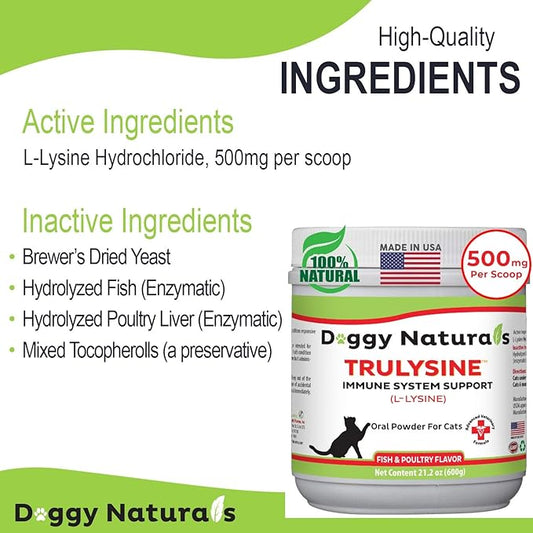 Trulysine L-Lysine for Cats Immune Support Oral Powder 21.2oz/600g - Cats & Kittens of All Age, Sneezing, Runny Nose Squinting, Watery Eyes-Fish & Poultry Flavor (U.S.A)(600 Grams (500mg / Scoop)) Pet+Health+Pharma