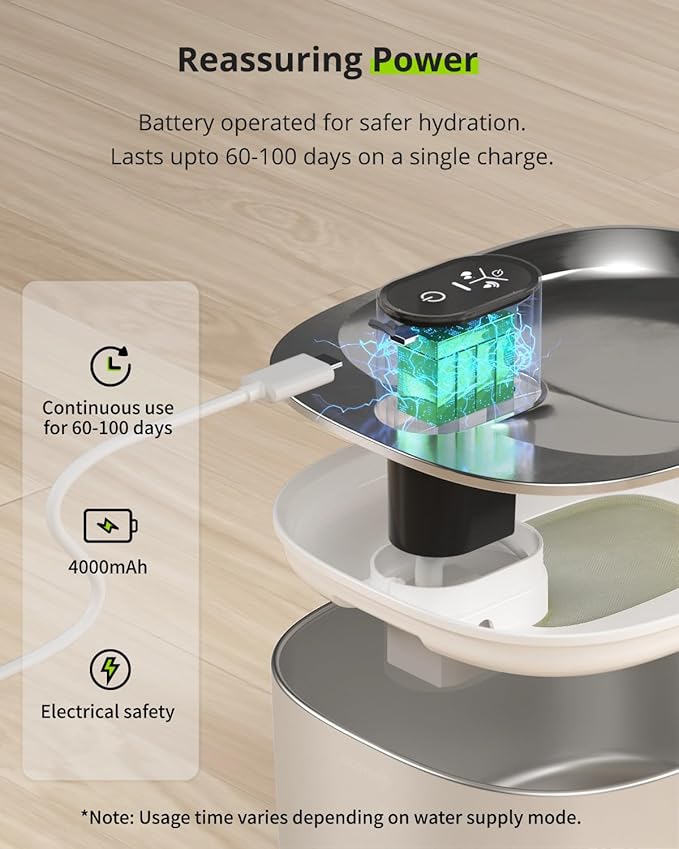 Wireless Cat Water Fountain, 135 fl oz/4L Stainless Steel Cat Fountain Battery Operated with Water Level Window, 3 Work Modes, Cordless Pet Fountain for Cats, Dogs, Pets, Inside, Black - PAWPICO