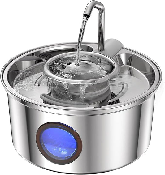 Cat Water Fountain,108oz/3.2L Stainless Steel Cat Fountain and Removable Water Bowl,Pet Fountain with Water Level Window,Quiet Pump,Multi-Filter, Water Tap, Provides Flowing,for Dog Cats - PAWPICO