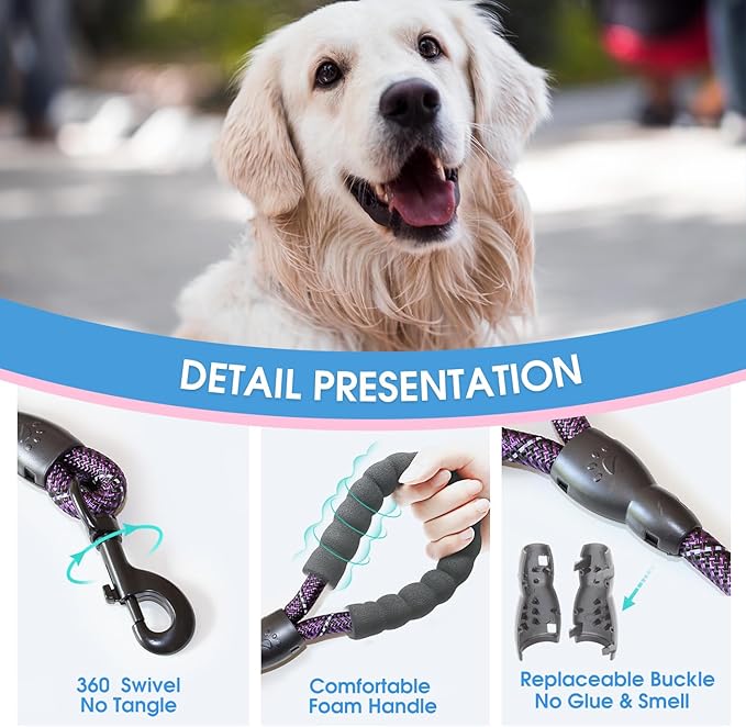 BAAPET 2/4/5/6 FT Dog Leash with Comfortable Padded Handle and Highly Reflective Threads for Small Medium and Large Dogs (5FT-1/2'', Black Purple) BAAPET