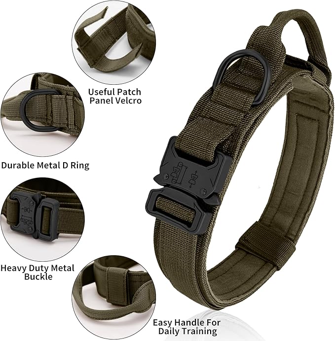 Tactical Dog Collar - Military Dog Collar, Adjustable Heavy Duty Metal Buckle Nylon Dog Collar with Control Handle for Small Medium Large Dogs (Green,XL) - PAWPICO