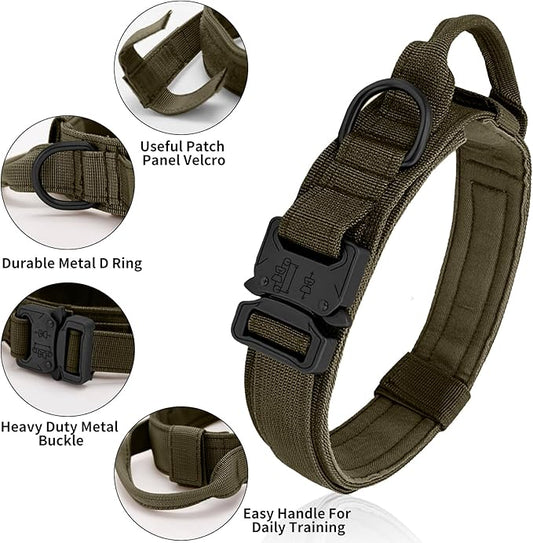 Tactical Dog Collar - Military Dog Collar, Adjustable Heavy Duty Metal Buckle Nylon Dog Collar with Control Handle for Small Medium Large Dogs (Green,XL) - PAWPICO