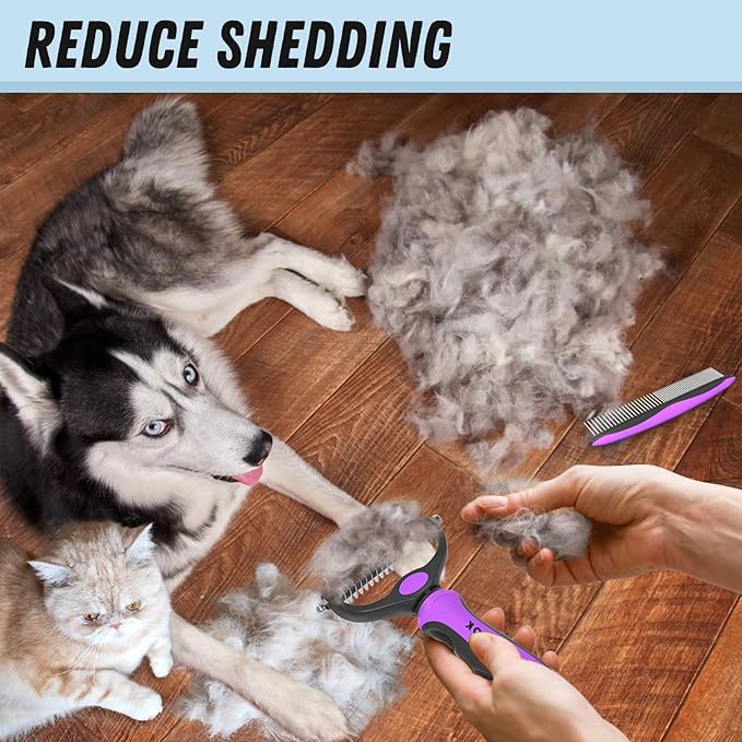 Pet Grooming Brush and Metal Comb Combo - Undercoat Rake for Dematting and Deshedding Long Matted Haired Dogs and Cats, Purple - PAWPICO
