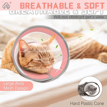 Cat Cone, Breathable Cat Cone Collar Soft, Adjustable Cat Cone to Stop Licking, Water Resistant Neck Cone for Cats with Air Mesh, Protective Cat Recovery E Collar for Cat Kitten（Pink,M-8 GoGoPaw