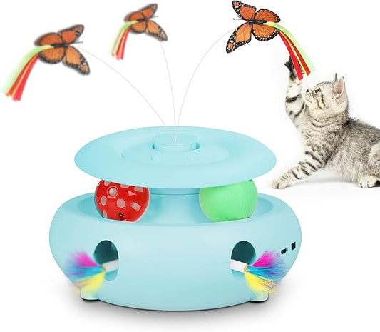 3-in-1 Interactive Cat Toys for Indoor Cats, Automatic 6 Holes Mice Whack-A-Mole, Fluttering Butterfly, Track Balls, USB Rechargeable, Ultra Fun Smart Interactive Kitten Toy (Tiffany Blue) - PAWPICO