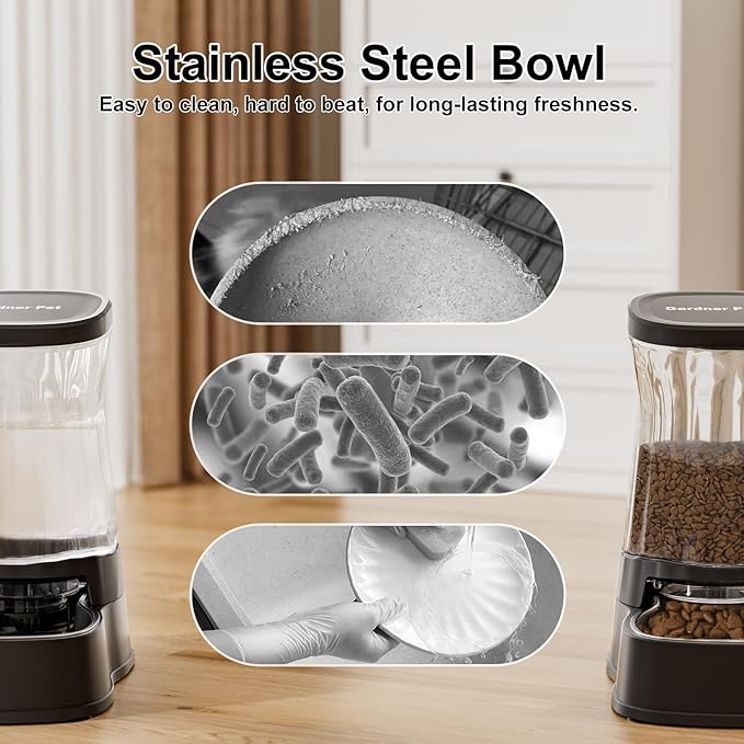 Automatic Pets Gravity Feeder and Water Dispenser Set with Stainless Steel Bowl, 1Gallon x 2 Stable Dog Food Feeder and Waterer, 100% BPA-Free for Small&Medium Dogs, Cats, Puppies(Black) - PAWPICO