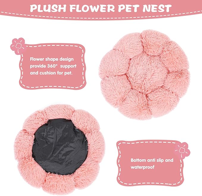 Cat Bed Cute, 23.6" Washable Pink Donut Bed for Indoor Cats and Small Dogs,Soft Cute Flower Fluffy Round Donut Cat Beds,Anti Anxiety Pet Bed,Self-Warming Bed,Blush Pink - PAWPICO