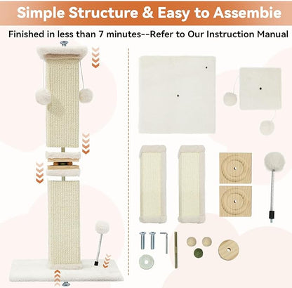 OTOB Cat Scratching Post 33 Inch, Nature Sisal Scratching Posts for Indoor Cats Adults Kitten, 6-in-1 Interactive Turntable Cat Scratch Post Protect Your Furniture, Large Cat Scratcher, Beige - PAWPICO