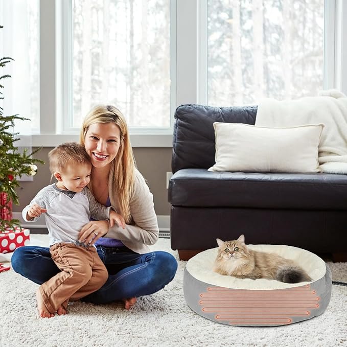BWOGUE Heated Cat Bed for Indoor Cats,19'' Donut Detachable Heated Pet Bed Thermo-Kitty Heating Bed,Electric Warming Cat Bed Heater with Timer, Washable pet Heating Bed - PAWPICO