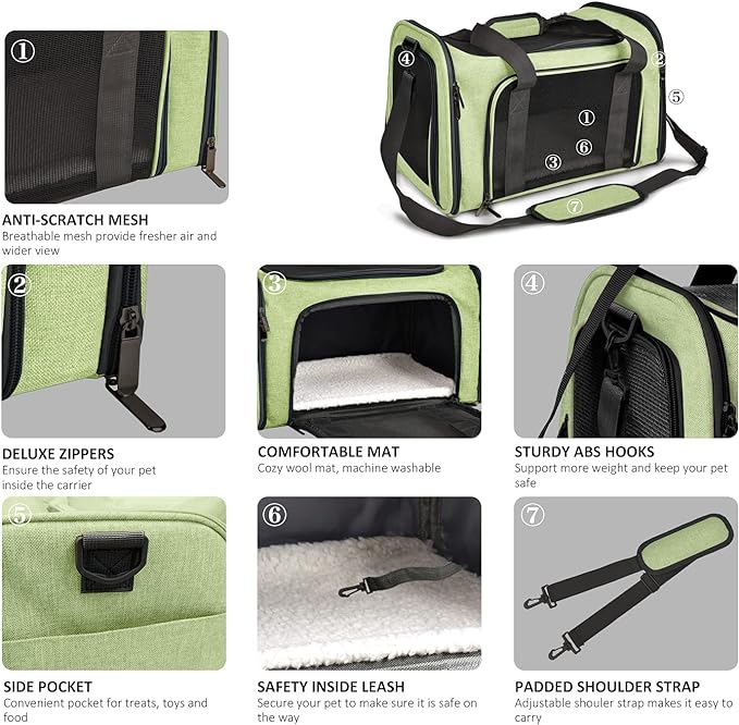 Henkelion Large Cat Carriers Dog Carrier Pet Carrier for Large Cats Dogs Puppies up to 25Lbs, Big Dog Carrier Soft Sided, Collapsible Travel Puppy Carrier - Large - Green - PAWPICO