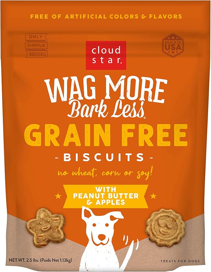 Cloud Star Wag More Bark Less - Dog Treats - Crunchy Biscuits - Grain Free Peanut Butter & Apples - 2.5 lb Pouch - PAWPICO