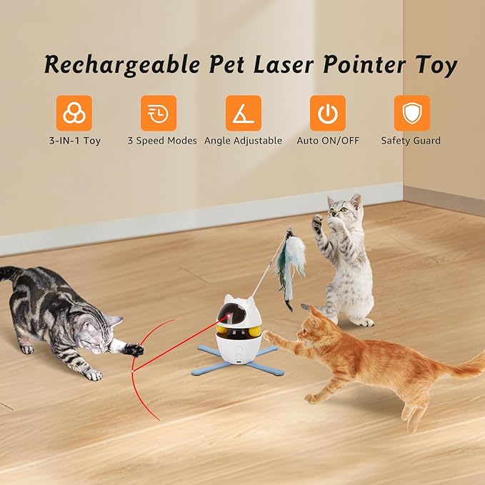 Nobleza 3-in-1 Cat Laser Toy with Feather Trackball, Rechargeable Pet Interactive Pointer Red Light Game, 3 Modes Random Trajectory Motion Activated Boredom Buster for Cat Self Play Home Indoor - PAWPICO