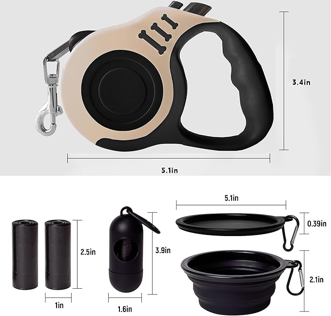 Retractable Dog Leash Automatic Telescopic Tractor Dog Tape, Pet Tape 10/16 FT Durable and Convenient, with Folding Bowl, Dispenser, Rubbish Bags, Suitable for Small and Medium Dogs LIEVUIKEN