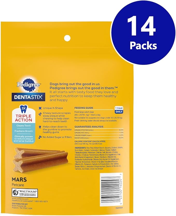 PEDIGREE DENTASTIX Large Dog Dental Treats Beef Flavor Dental Bones, 7 Count (Pack of 14) - PAWPICO