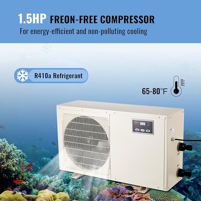 VEVOR Aquarium Chiller, 500 Gal 1892 L, 1.5 HP Hydroponic Water Chiller, Quiet Refrigeration Compressor for Seawater and Fresh Water, Fish Tank Cooling System with Pump/Hose, for Jellyfish, Coral Reef VEVOR
