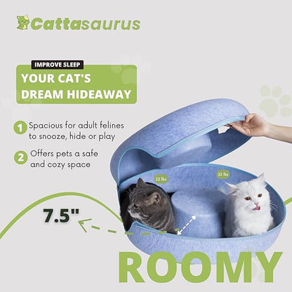 CATTASAURUS Peekaboo Cat Cave for Multiple & Large Cats Up to 30-45 Lbs, Scratch Detachable & Washable Tunnel Bed, Comfy Donut Cat Cave (Blue, Large) - PAWPICO