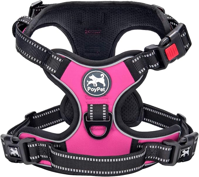 PoyPet No Pull Dog Harness, No Choke Front Clip Dog Reflective Harness, Adjustable Soft Padded Pet Vest with Easy Control Handle for Small to Large Dogs(Pink,M) PoyPet
