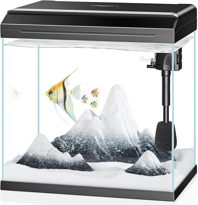 PONDON 7 Gallon Fish Tank with Detachable Lid, Low-Iron Glass Aquarium Starter Kit with LED Light, Beginner-Friendly Betta Aquarium with Removable Filtration PONDON