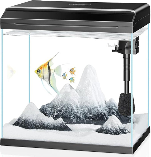 PONDON 7 Gallon Fish Tank with Detachable Lid, Low-Iron Glass Aquarium Starter Kit with LED Light, Beginner-Friendly Betta Aquarium with Removable Filtration PONDON