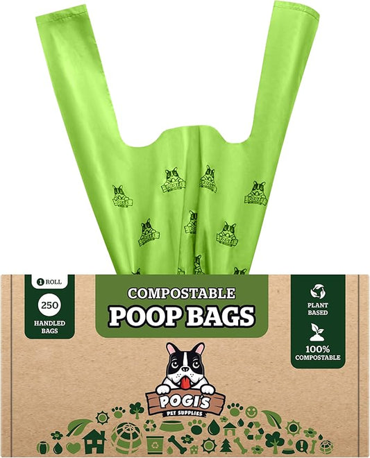 Pogi's Compostable Dog Poop Bags with Handles - 250 Doggie Poop Bags with Easy-Tie Handles - Leak-Proof Dog Waste Bags, Plant-Based, ASTM D6400, EN 13432 Certified Extra Large Poop Bags for Dogs - PAWPICO