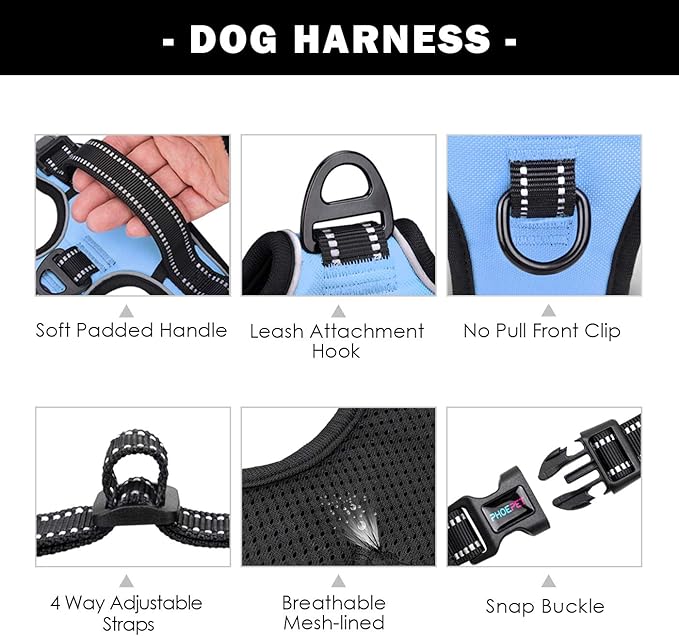 PHOEPET No Pull Dog Harness Reflective Adjustable Vest with a Training Handle, Name ID Pocket, 2 Metal Leash Hooks, 3 Snap Buckles [Easy to Put on & Take Off](M, Baby Blue) PHOEPET