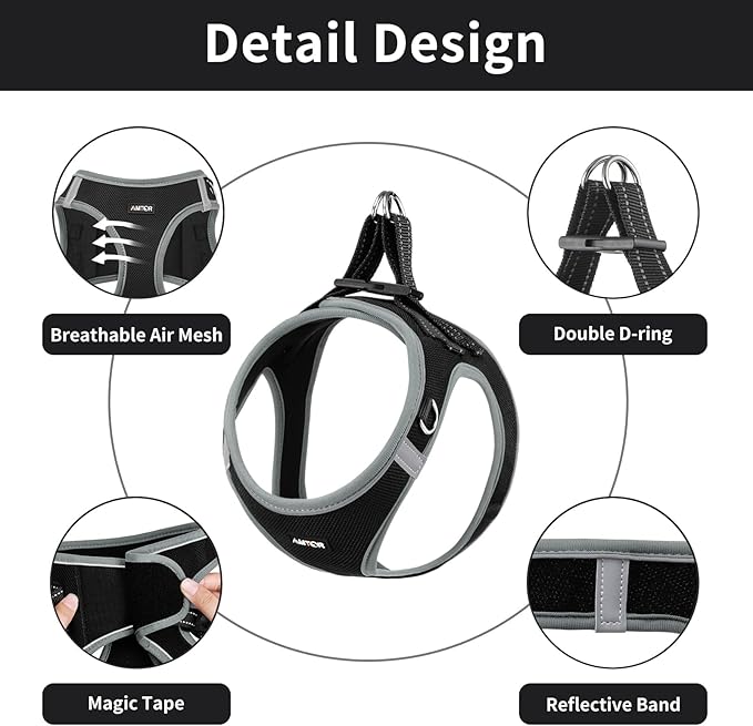 AMTOR Small Dog Harness with Leash Set, No Escape Easy Walk Puppy Harnesses for Training Walking, Step-in Reflective Soft Dogs Vest for XS S Medium Extra-Small Large Sized Dog(Black/Grey) AMTOR