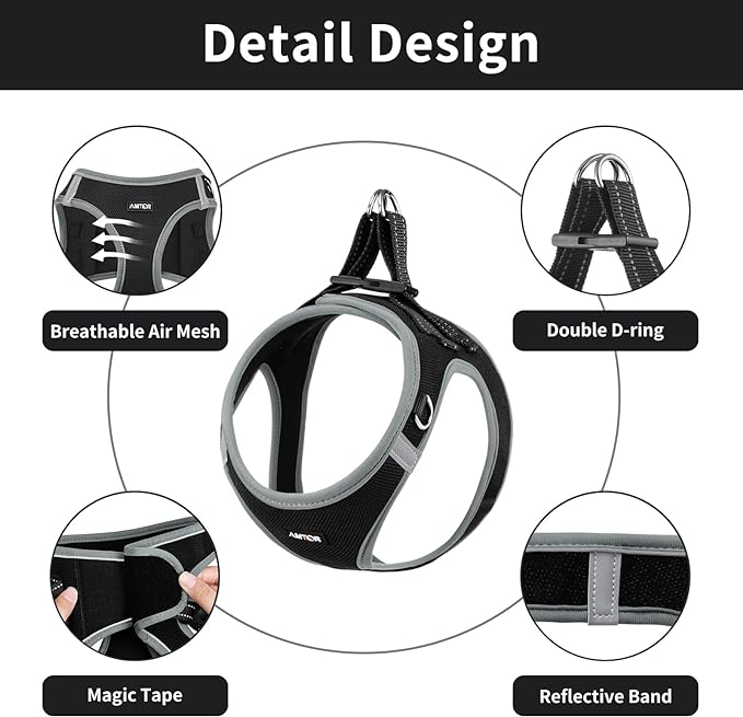 AMTOR Small Dog Harness with Leash Set, No Escape Easy Walk Puppy Harnesses for Training Walking, Step-in Reflective Soft Dogs Vest for XS S Medium Extra-Small Large Sized Dog(Black/Grey) AMTOR