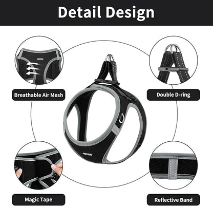 AMTOR Small Dog Harness with Leash Set, No Escape Easy Walk Puppy Harnesses for Training Walking, Step-in Reflective Soft Dogs Vest for XS S Medium Extra-Small Large Sized Dog(Black/Grey) - PAWPICO