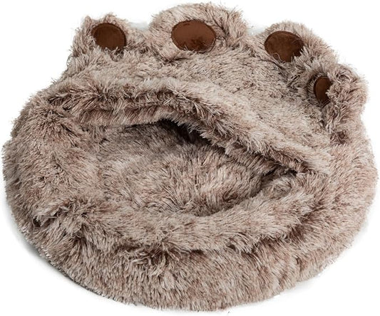 Cat Bed with Cover Cave - Dog Cave Bed with Standing Paws,Covered Round Kitten Bed with Hooded Blank - PAWPICO