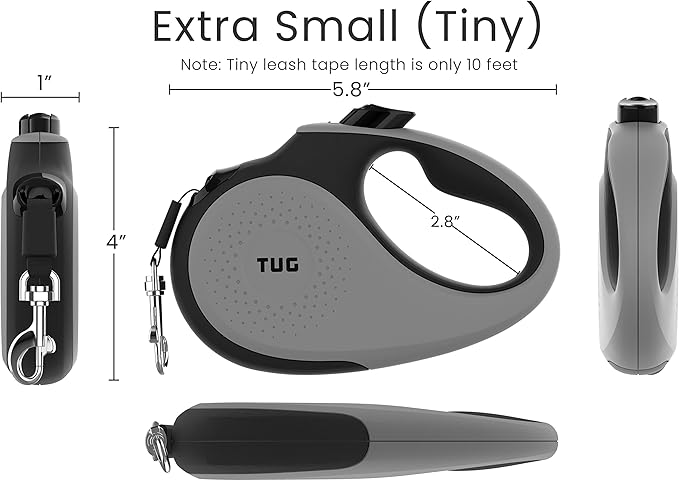 TUG Tiny 360° Tangle-Free Retractable Dog Leash with Anti-Slip Handle | 10 ft Nylon Tape | One-Handed Brake, Pause, Lock (Grey) TUG