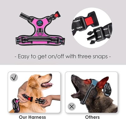 PHOEPET No Pull Dog Harness Medium Reflective Front Clip Vest with Handle,Adjustable 2 Metal Rings 3 Buckles,[Easy to Put on & Take Off](M, Pink) PHOEPET