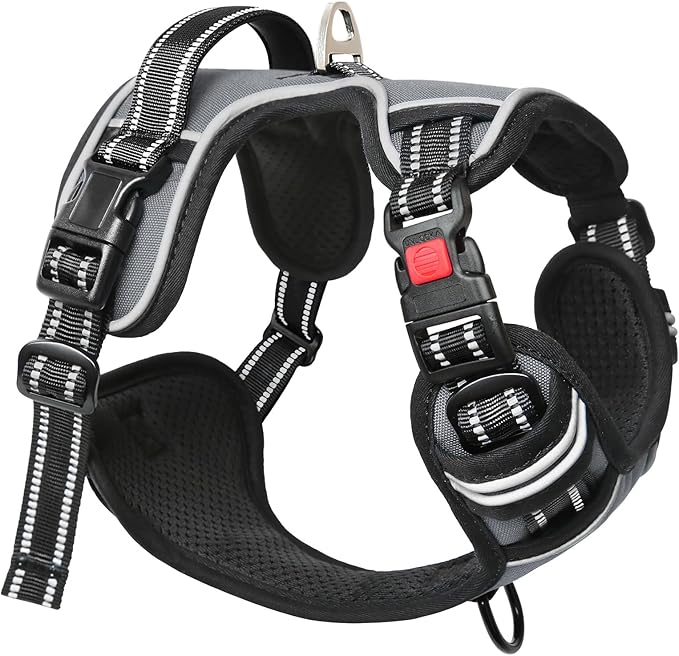 Timos Dog Harness Small Sized, No Pull Dog Harness with Neck Lockable Snap,No Choke Front Clip Dog Reflective Harness,Adjustable Metal Rings 3 Buckles,Easy Control Handle for Small Dogs Gray S Timos