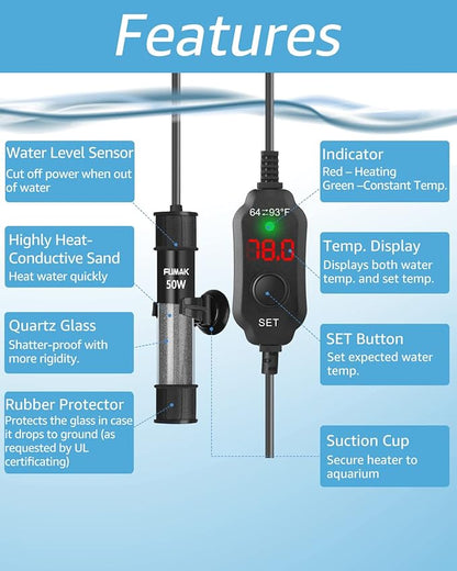 50W Adjustable Aquarium Heater Super Short Submersible Fish Tank Heater Fish Heater with LED Digital Display Thermostat, for Tanks 5-10 Gallons FUMAK