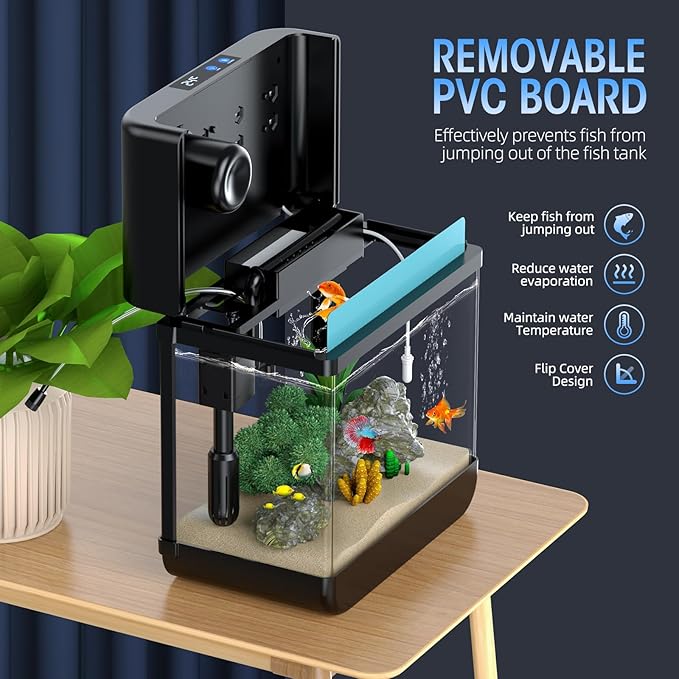 Fish Tank Small Aquarium 2.2 Gal Fish Bowl with Humidifier 7 Color Auto-Looping Light 3 in 1 Quiet Pump with Filteration & Oxygenation & Circulation, Temperature Display, HD Glass, Thickened Base Focusonhomelifeandhealth