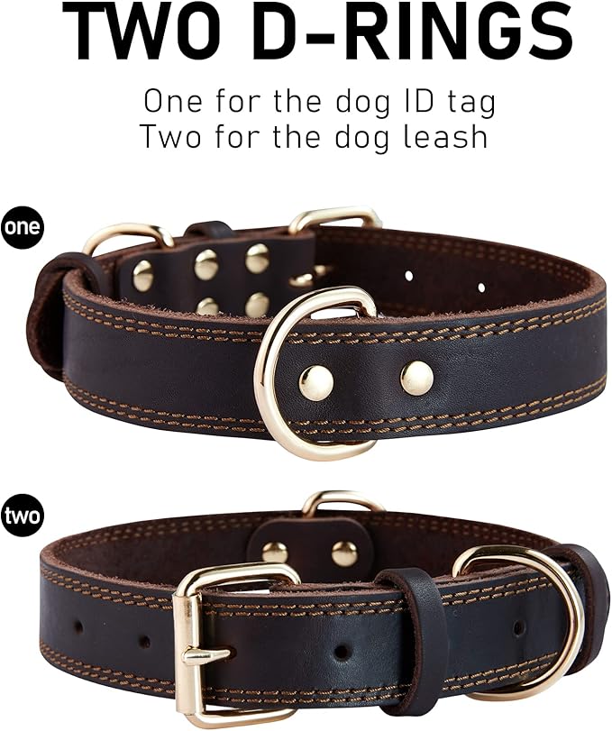 Dog Collar, Genuine Leather Dog Collar, Heavy Duty Dog Collar, Wide Dog Collar for Small Dog, Medium Dog, Large Dog and Extra Large Dog (L: 1.2" Wide for 17"-23" Neck, Dual Stitch - Brown) DAIHAQIKO