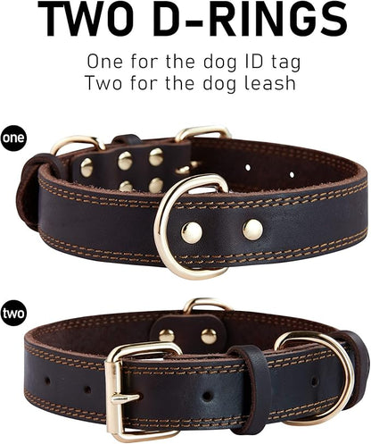 Dog Collar, Genuine Leather Dog Collar, Heavy Duty Dog Collar, Wide Dog Collar for Small Dog, Medium Dog, Large Dog and Extra Large Dog (L: 1.2" Wide for 17"-23" Neck, Dual Stitch - Brown) DAIHAQIKO