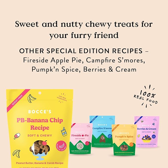 Bocce's Bakery PB Banana Chip Recipe Treats for Dogs, Wheat-Free Everyday Dog Treats, Real Ingredients, Baked in The USA, All-Natural Soft & Chewy Cookies, Peanut Butter, Bananas, & Carob, 6 oz - PAWPICO