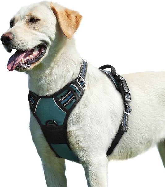 Eagloo Dog Harness for Large Dogs, No Pull Service Vest with Reflective Strips and Control Handle, Adjustable and Comfortable for Easy Walking, No Choke Pet Harness with 2 Metal Rings, Dark Green, L GoExplorewithEagloo