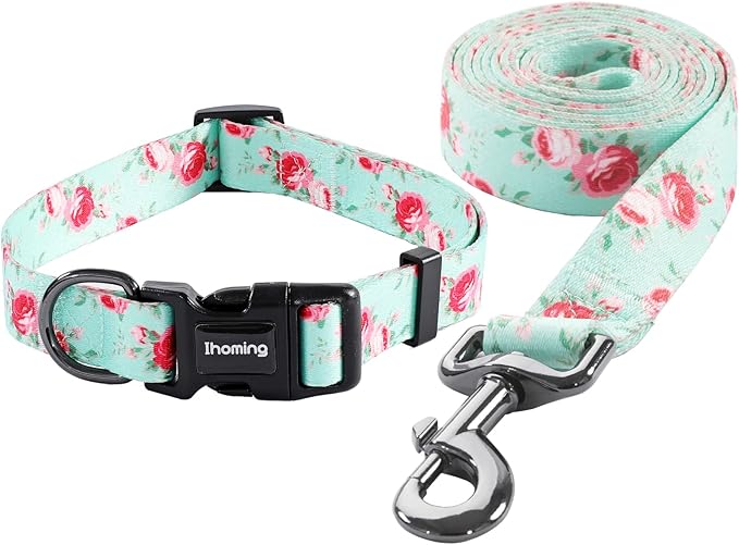 Ihoming Dog Collar and Leash Set for Daily Outdoor Walking Running Training, Floral Spring Design for Medium Boys Girls Dogs Cats Pets, M-Up to 45LBS Ihoming